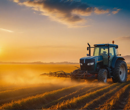 Tractor with a seeder working on a field at sunset.の素材