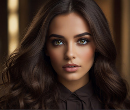 Portrait of beautiful young woman with long curly hair and green eyesの素材