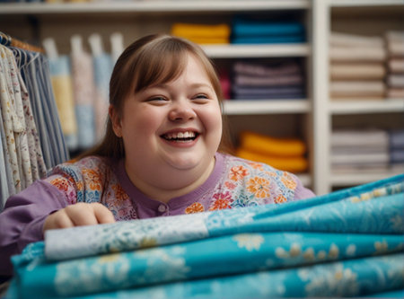 Cute little girl playing with fabrics in a textile shop, smiling.の素材