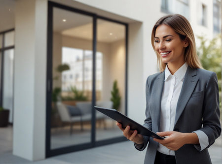 Portrait of a smiling businesswoman using digital tablet while standing outdoorsの素材