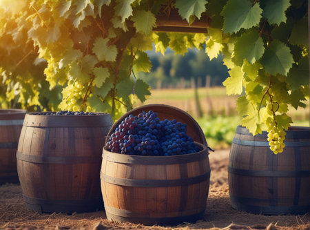 Grapes in a barrel on a vineyard in the countrysideの素材