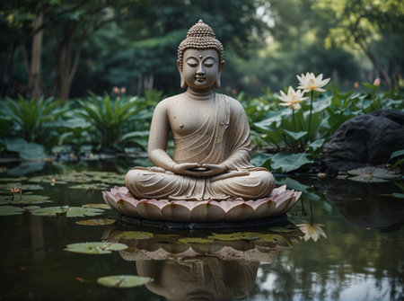 Buddha statue in the garden with lotus and lotus flowerの素材