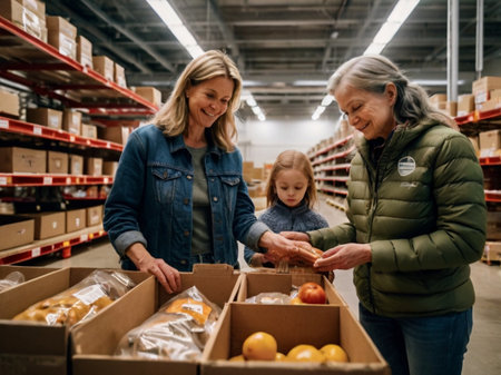 Mature woman and her adult daughter looking at box in warehouse.の素材