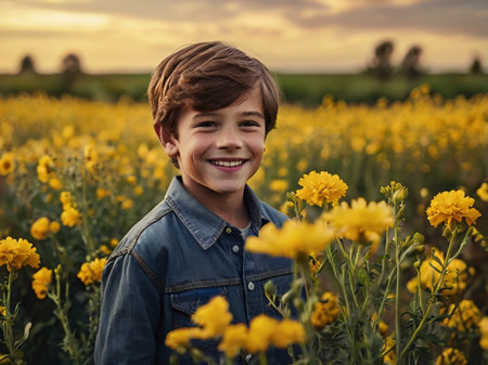 Portrait of a smiling boy in a field of yellow flowers.の素材