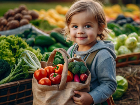 Cute little boy with shopping bag full of fresh vegetables on farm.の素材