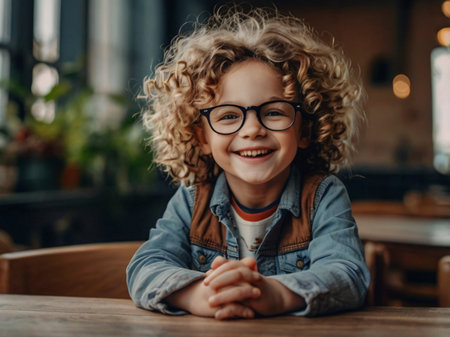 cute curly kid in eyeglasses smiling at camera in cafeの素材