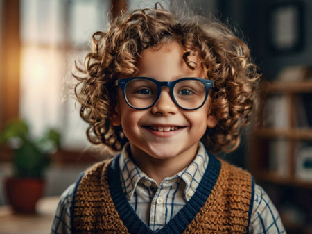 Portrait of a cute little boy with curly hair wearing glasses.の素材