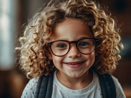 Portrait of a cute little girl with curly hair wearing glasses.の素材