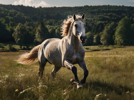 Beautiful white horse galloping in the meadow at sunset.の素材