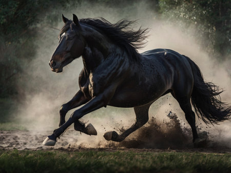 black stallion running gallop in dust, motion blur on backgroundの素材