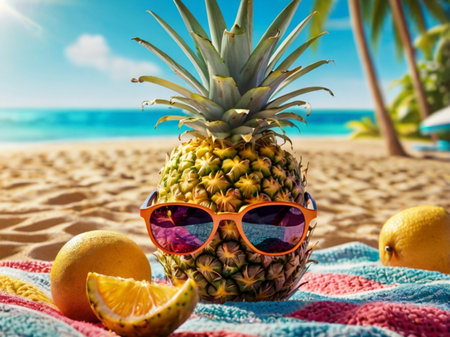 Pineapple with sunglasses on the beach. Summer vacation concept.の素材