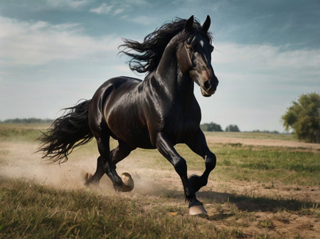 Beautiful black stallion running gallop in field on sunny dayの素材