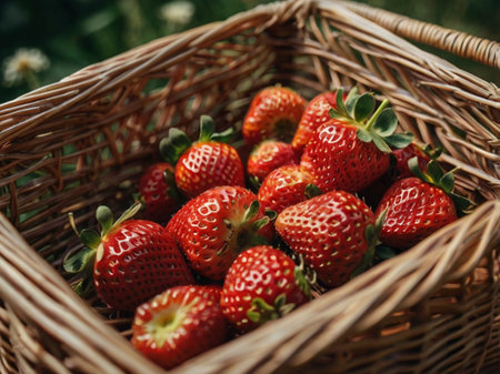 Strawberries in a basket on a background of green grass.の素材