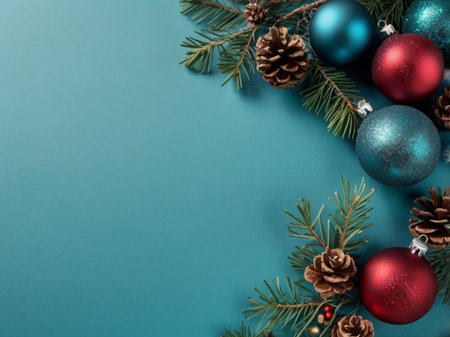 Christmas and New Year background. Fir branches, balls and cones on a blue background.の素材