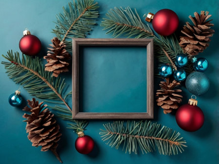 Christmas or New Year composition. Frame, pine cones and Christmas balls on blue background. Flat lay, top view, copy spaceの素材