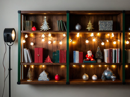 Wooden bookshelves with Christmas ornaments and lightsの素材