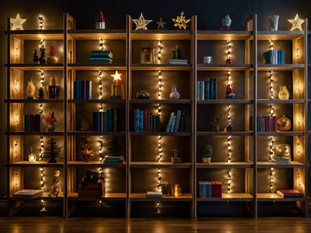 Wooden bookshelves with Christmas decorations in the dark room.の素材