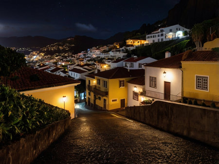Village of Pico do Arieiro at night, Madeira island, Portugalの素材
