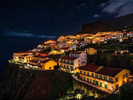 Night view of the village of Pico do Arieiro on Madeira island, Portugalの素材