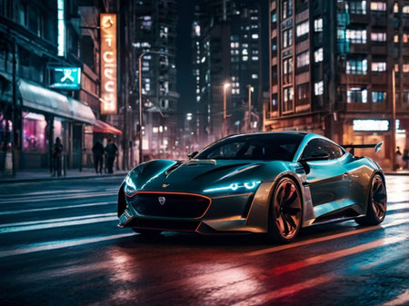 Lamborghini Huracan in Chicago at night. Lamborghini Huracan is a luxury sports car manufacturer based in Chicago, Illinois.の素材
