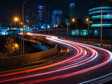car light trails on the street at night in Shanghai China.の素材