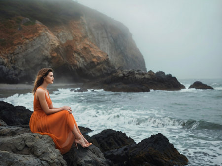 Beautiful young woman in orange dress sitting on a rock by the oceanの素材