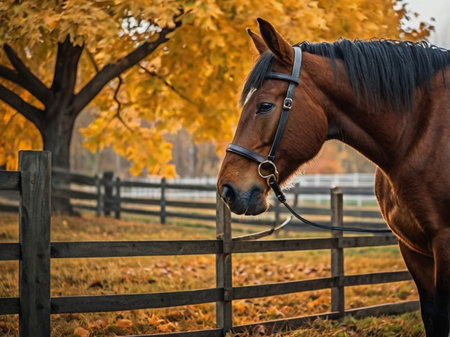 Horse in a paddock in autumn. Portrait of a horseの素材