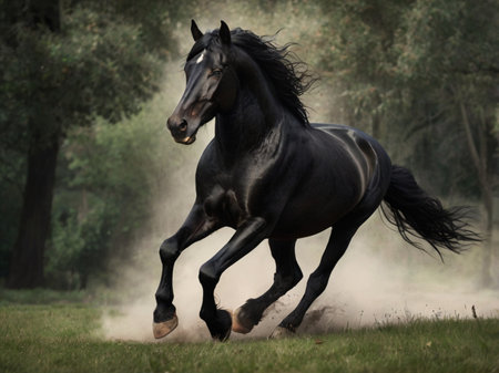 Black stallion galloping in foggy field at autumn time.の素材