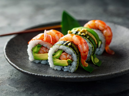 Sushi rolls with shrimps, avocado and cucumber on dark backgroundの素材
