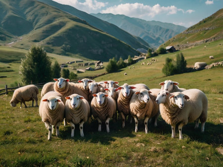 Flock of sheep on a green meadow in the mountains.の素材