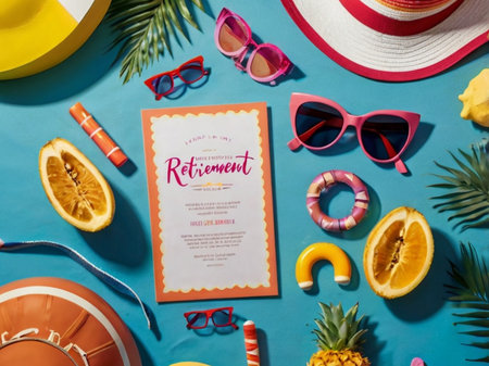 Summer holiday concept. Top view of summer accessories on blue background.の素材