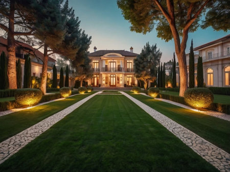 Beautiful view of luxury villa in the garden at night.の素材