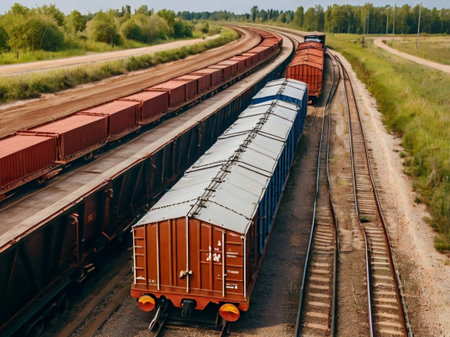 Freight train with cargo wagons on railroad tracks. View from above.の素材