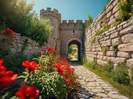 Medieval castle gate with red flowers in the garden. Sunny summer dayの素材