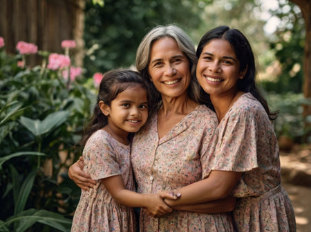 Portrait of a mother and daughter smiling at camera in the gardenの素材