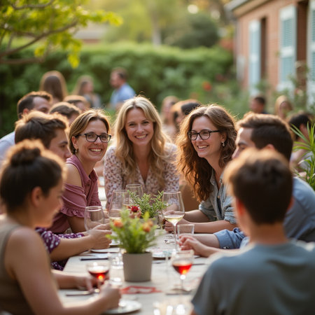Group of friends having dinner together at a restaurant terrace in summerの素材