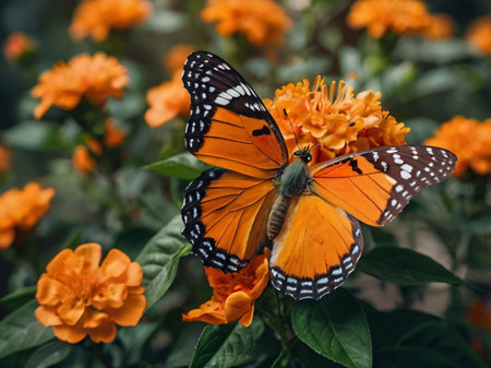 Butterfly on orange flowers in the garden. Selective focus.の素材