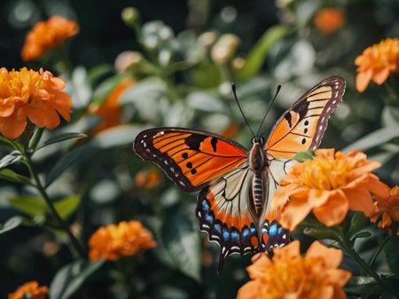 Butterfly on orange flower in the garden. Selective focus.の素材