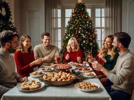 Group of friends celebrating Christmas and New Year at home, drinking wineの素材