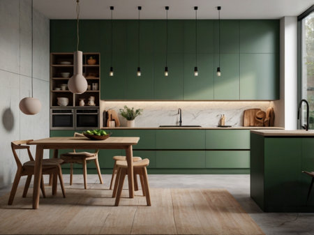Interior of stylish kitchen with green walls, concrete floor, green cupboards and wooden countertops. 3d renderingの素材