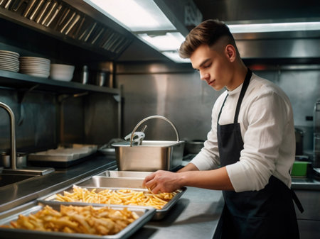 Young male chef in a restaurant kitchen putting French fries on a trayの素材