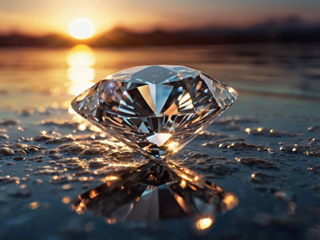Diamond on the beach at sunset. Conceptual image of a diamond.の素材