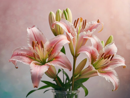 bouquet of pink lilies in vase on light backgroundの素材