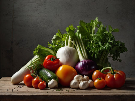 Composition with variety of raw organic vegetables on wooden table over gray backgroundの素材