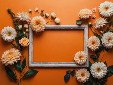 White frame with flowers on orange background. Flat lay, top view.の素材
