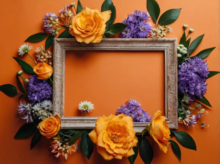 Frame with flowers on orange background, flat lay. Space for textの素材