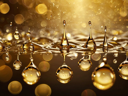 Beautiful gold water drops on a dark background with bokehの素材