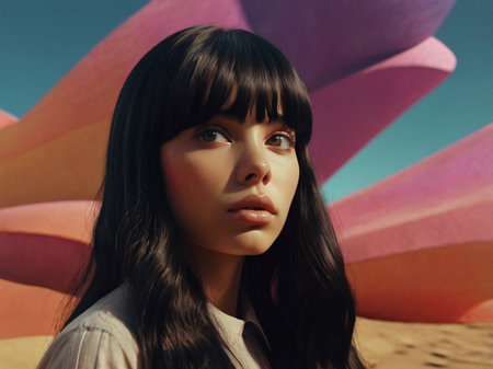 Portrait of a beautiful young brunette woman in the desert.の素材