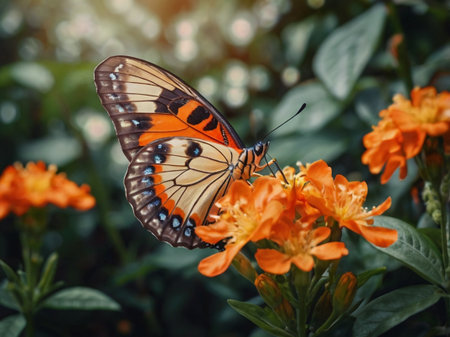 Butterfly on orange flower. Beautiful butterfly on orange flower.の素材