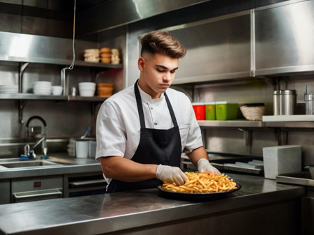 Portrait of a young male chef in a restaurant kitchen with French friesの素材